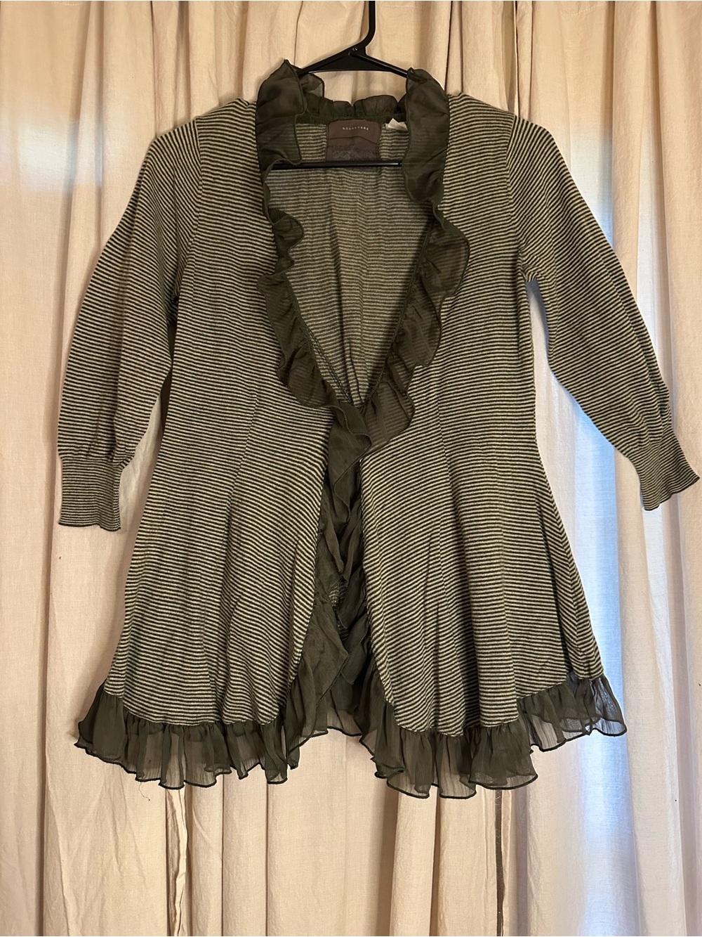Anthropologie Ruffled Open-Front Striped Cardigan in Olive Green